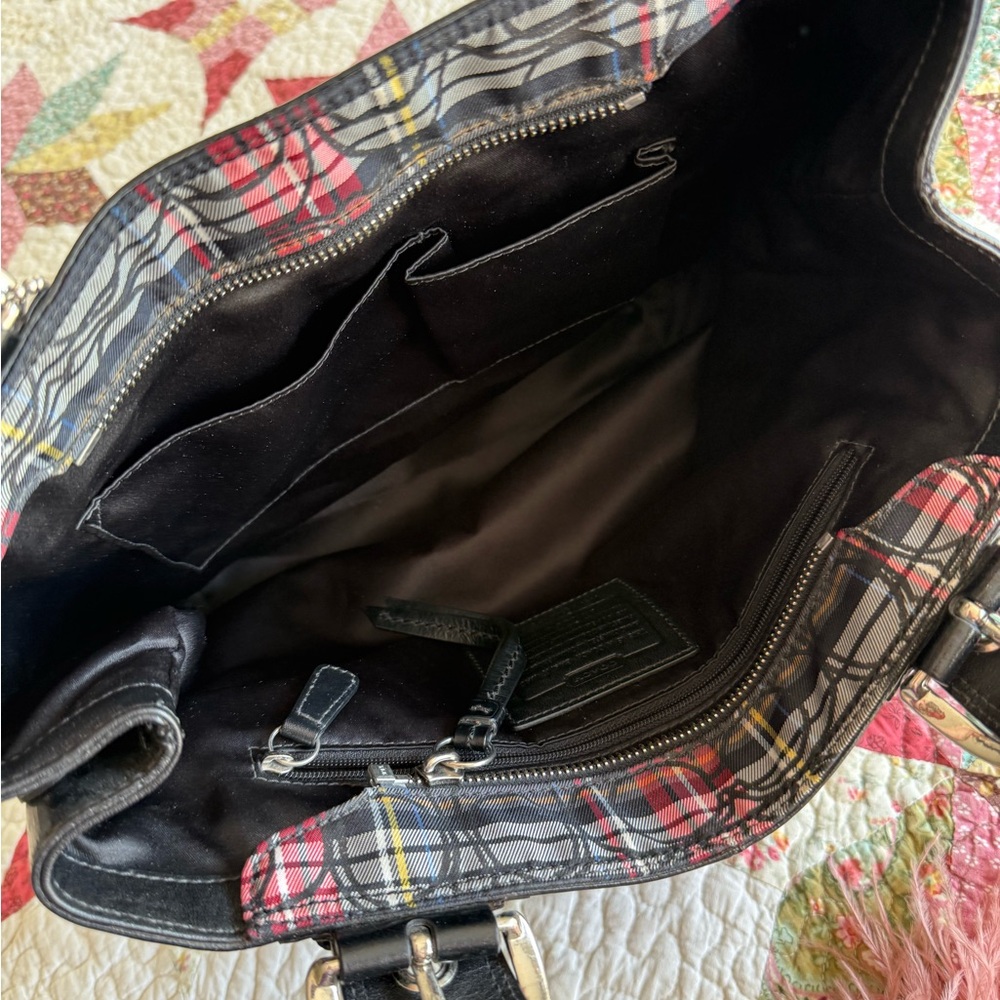 Coach Poppy Multicolor Tartan Plaid Tote with Black Leather - Picture 3 of 3